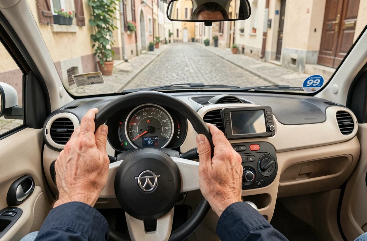 Intérieur d'une voiture sans permis avec affichage du loyer mensuel de 99 euros sur le tableau de bord