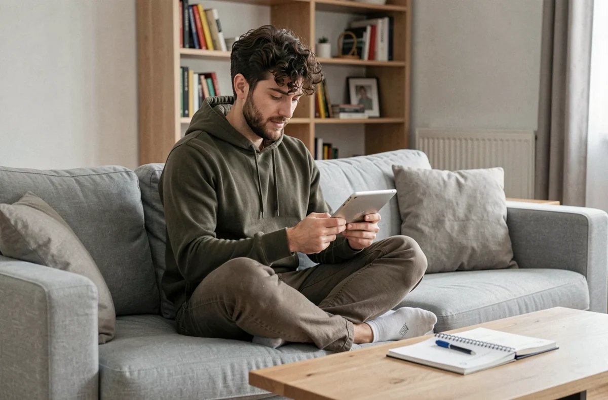 Jeune auto-entrepreneur comparant des offres d'assurance professionnelle sur une tablette chez lui