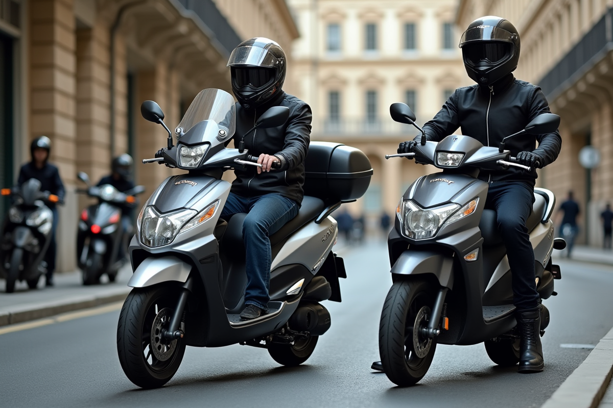 Jeune pilote avec casque à côté d un scooter 50cc et d une moto 125cc