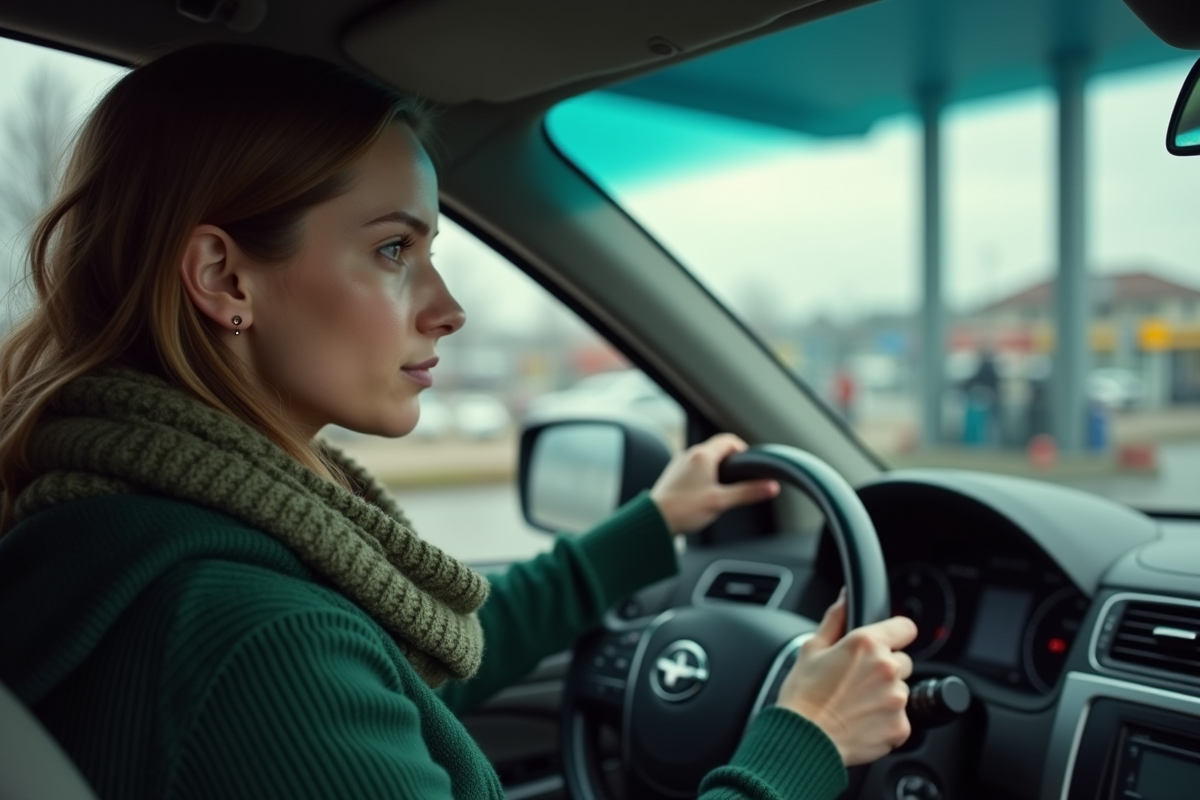 Jeune femme pensant au volant d