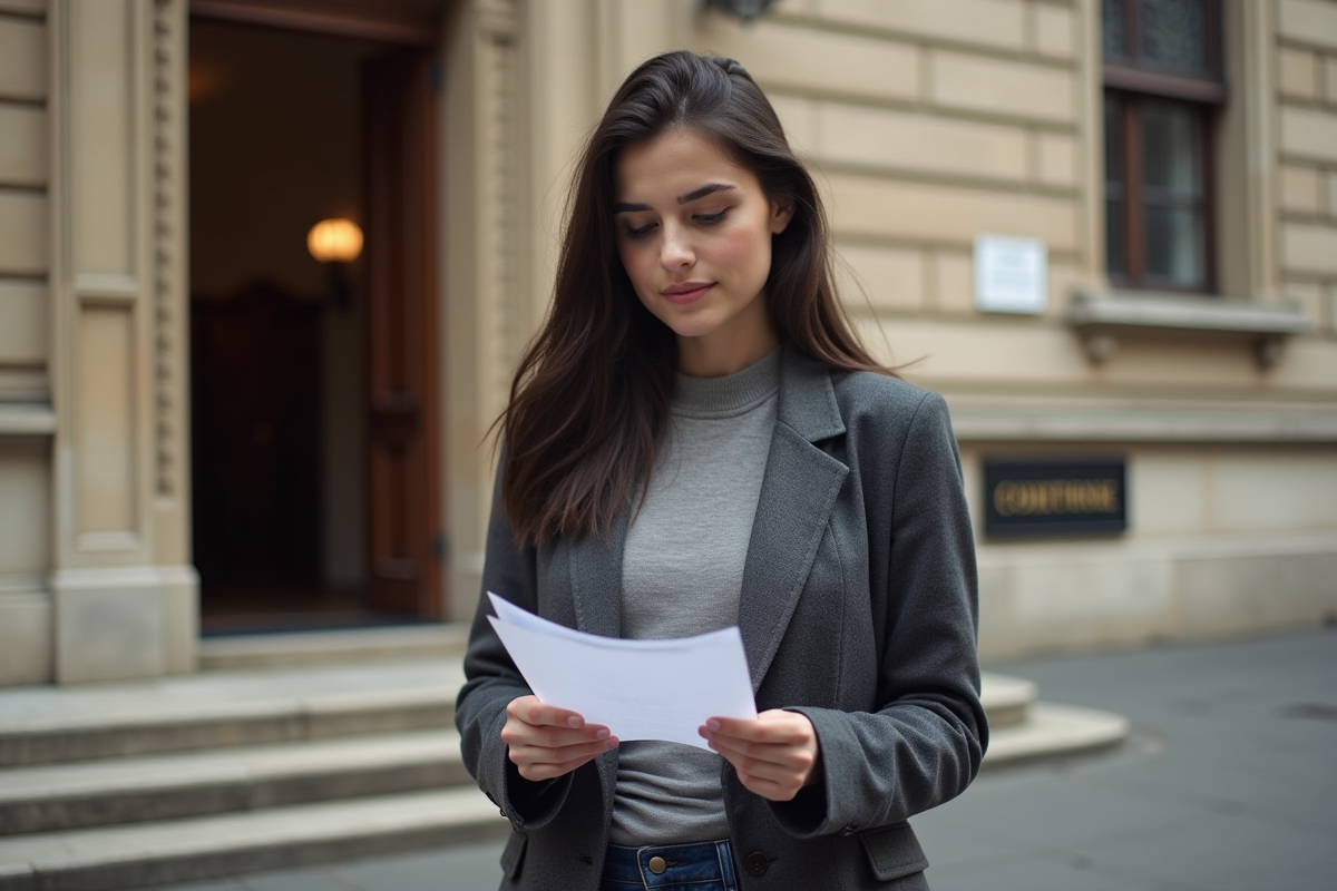 Jeune femme lisant une notice devant un palais de justice