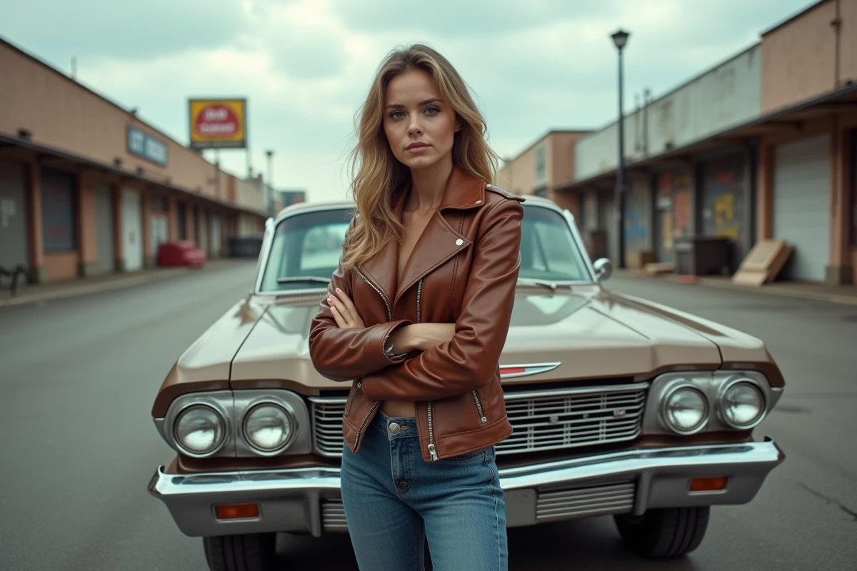 Jeune femme en veste en cuir posant près d