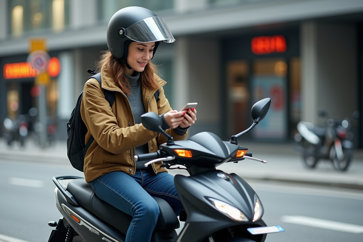 Jeune femme en moto urbaine entrant ses statistiques de consommation