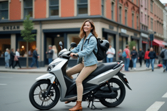 Jeune femme souriante sur une moto dans une ville animée