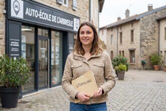 Jeune femme souriante devant l'auto école à L'Arbresle