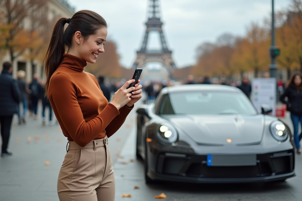 Jeune femme photographiant une voiture de sport lors d'une journée au Salon de l'Automobile de Paris 2026 avec vue urbaine parisienne en arrière-plan