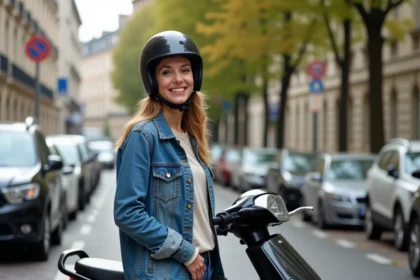 Jeune femme souriante avec scooter en ville