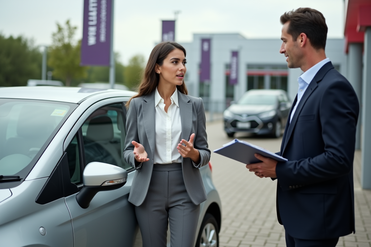 Jeune femme parlant avec un vendeur devant une voiture en concession extérieure