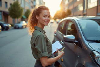 Jeune femme tenant des clés de voiture devant une petite voiture moderne en ville