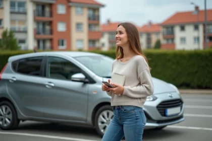Jeune femme souriante avec smartphone près d'une voiture en ville