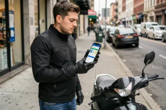 Jeune homme comparan des assurances moto 125cc sur smartphone en ville