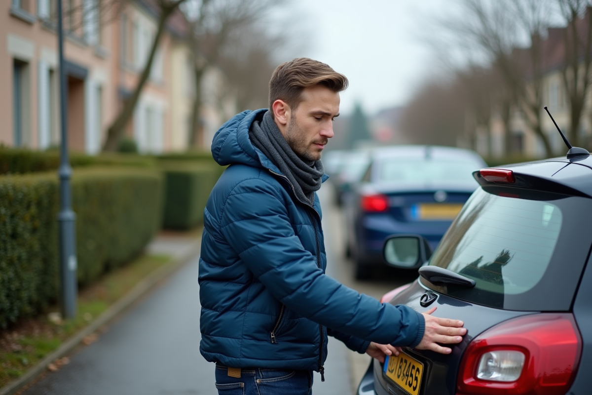 Jeune homme français posant une plaque d
