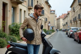 Jeune homme avec casque et moto dans un quartier français