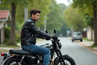 Jeune homme en moto dans une rue tranquille