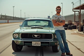 Jeune homme devant une voiture muscle vintage sur circuit