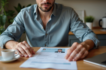 Jeune homme arrangeant papiers de voiture à la maison