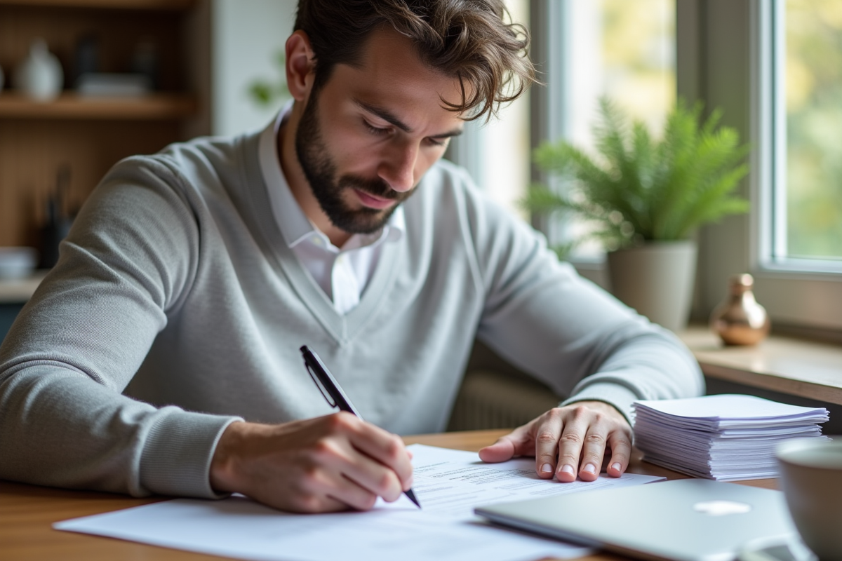 Jeune homme remplissant formulaire voiture à la maison