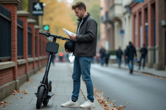 Jeune homme examinant un scooter électrique en ville