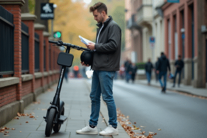 Jeune homme examinant un scooter électrique en ville