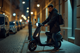 Jeune homme verrouillant son scooter dans une rue urbaine la nuit