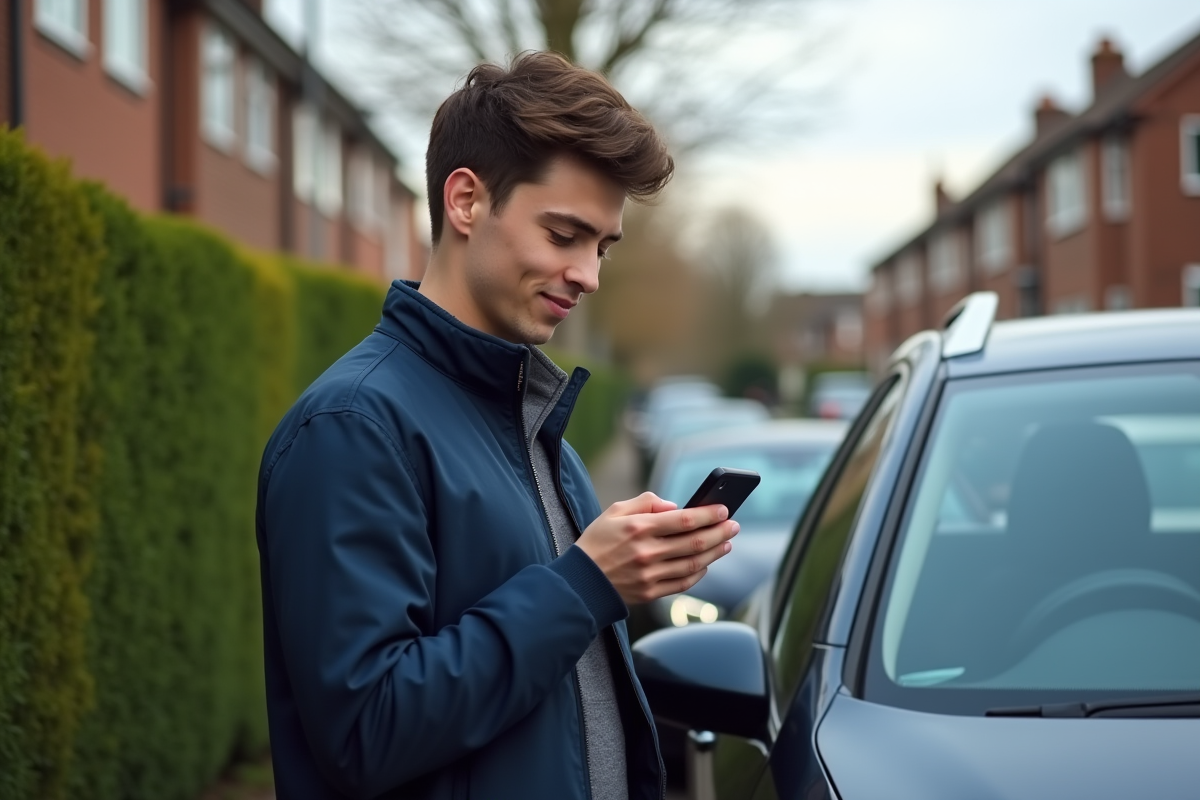 Jeune homme regarde notification sur smartphone près de sa voiture