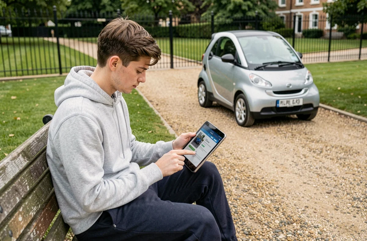 Jeune homme consultant un comparateur d'assurance voiturette sur tablette dans un parc