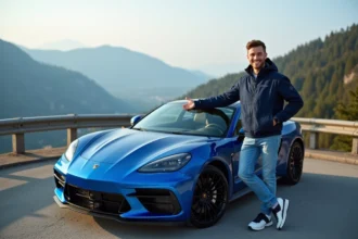 Jeune homme souriant devant une voiture de sport en montagne