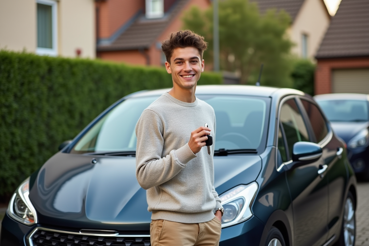 Jeune homme avec clés de voiture devant une hatchback dans la rue