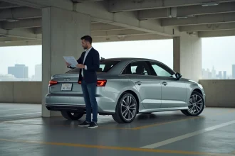 Journaliste automobile consultant une fiche technique de dimensions de voiture dans un parking