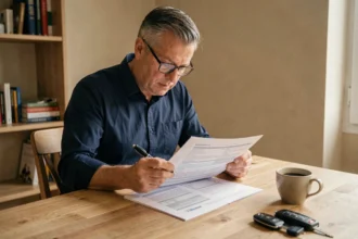 Homme lisant attentivement un contrat d'assurance tous risques à une table de cuisine avec ses clés de voiture posées à côté