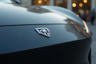 Logo Peugeot modernisé sur le capot d'un véhicule électrique avec design géométrique minimaliste