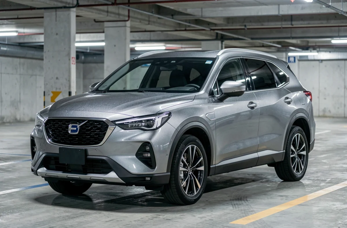 SUV japonais avec logo en E dans un parking urbain en béton moderne