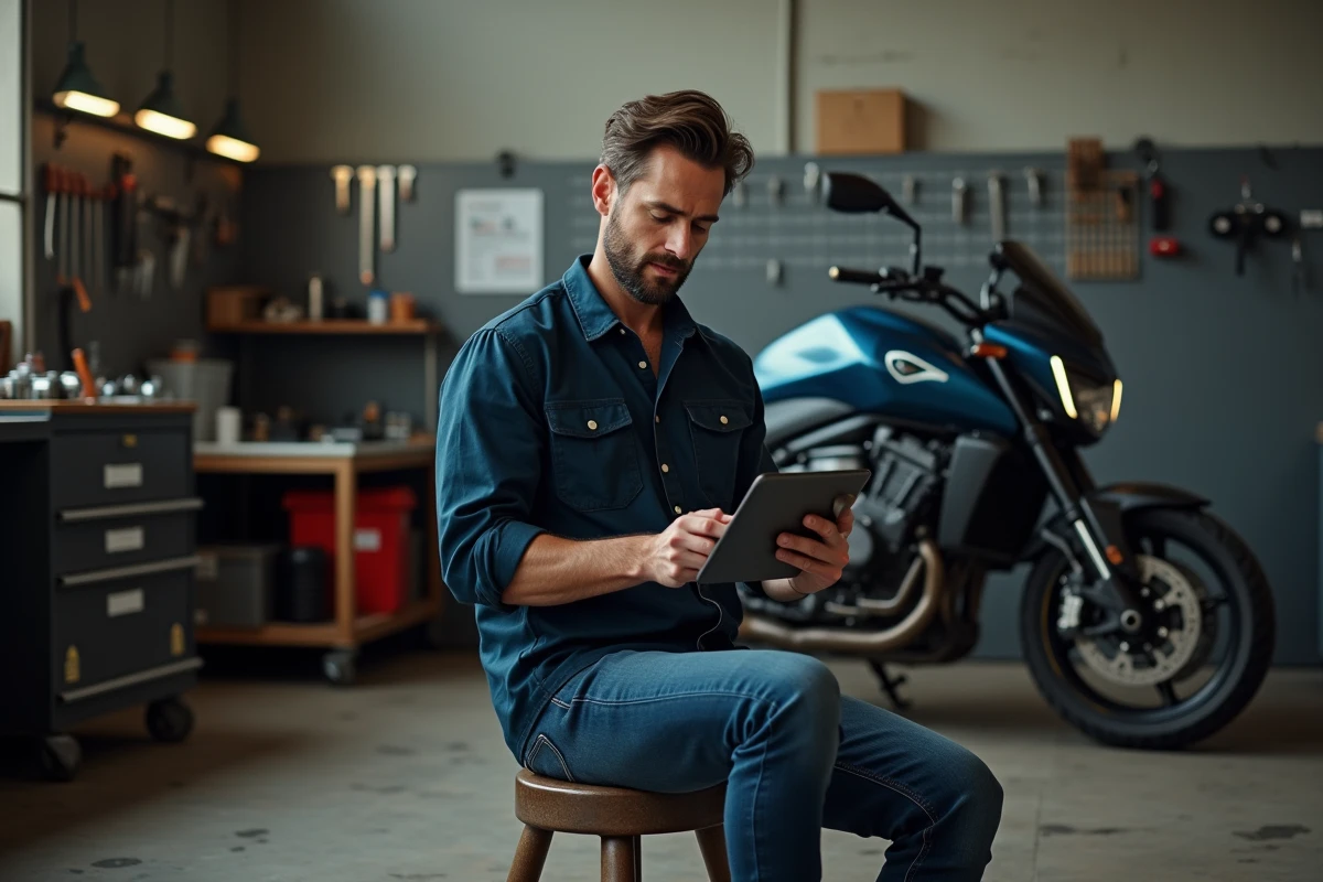 Mécanicien lisant des actualités moto sur une tablette dans un garage automobile réaliste