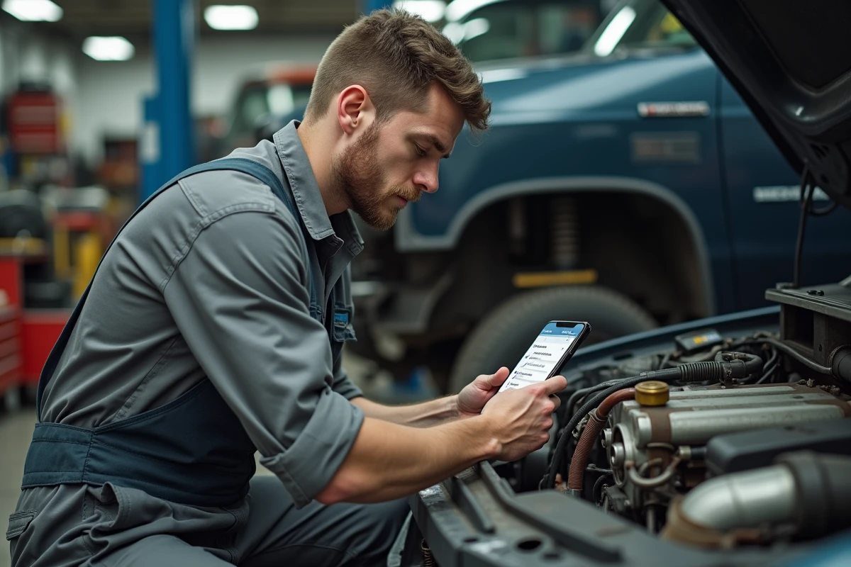 Mécanicien consultant une application de commande de pièces auto sur smartphone à côté d'un moteur en réparation