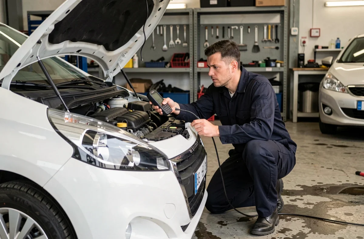 Mécanicien inspectant le moteur d'une Peugeot 208 blanche avec un scanner de diagnostic après allumage de voyants rouges