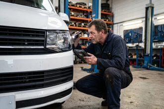 Mécanicien inspectant les phares d'un Volkswagen Transporter avant un contrôle technique dans un atelier