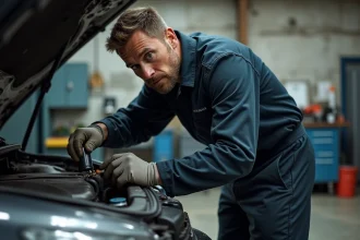 Mécanicien professionnel inspectant la vanne EGR d'un moteur diesel dans un garage automobile