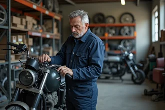 Mécanicien homme inspectant un moteur de moto dans un atelier organisé