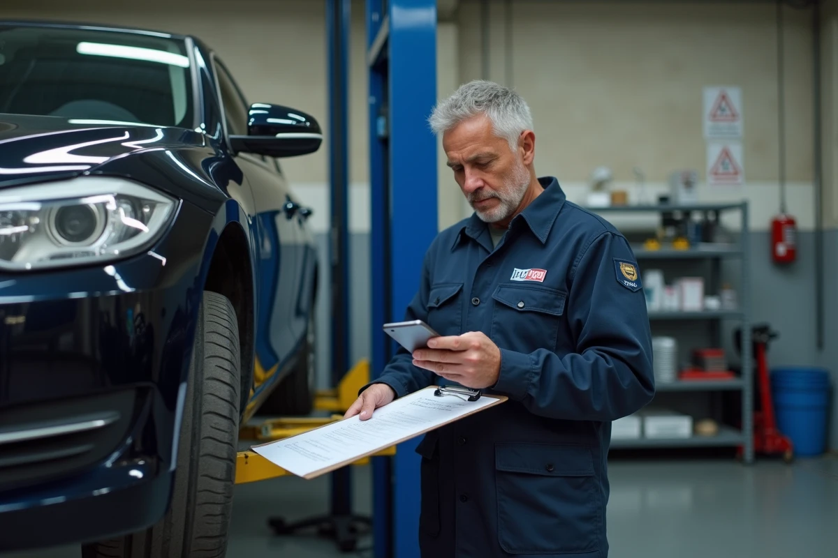 Mécanicien automobile consultant un rapport de fiabilité en ligne sur smartphone dans un garage professionnel