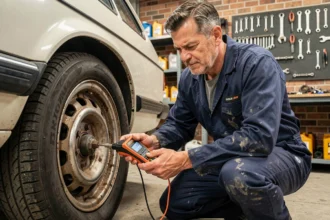Mécanicien testant un capteur ABS avec un multimètre sur une voiture ancienne dans un garage indépendant