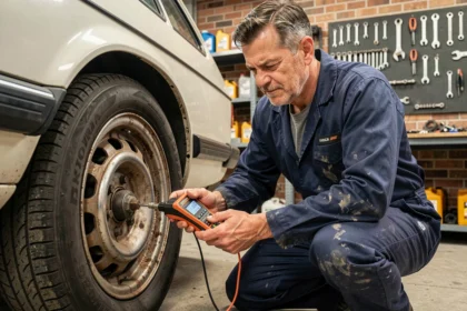 Mécanicien testant un capteur ABS avec un multimètre sur une voiture ancienne dans un garage indépendant