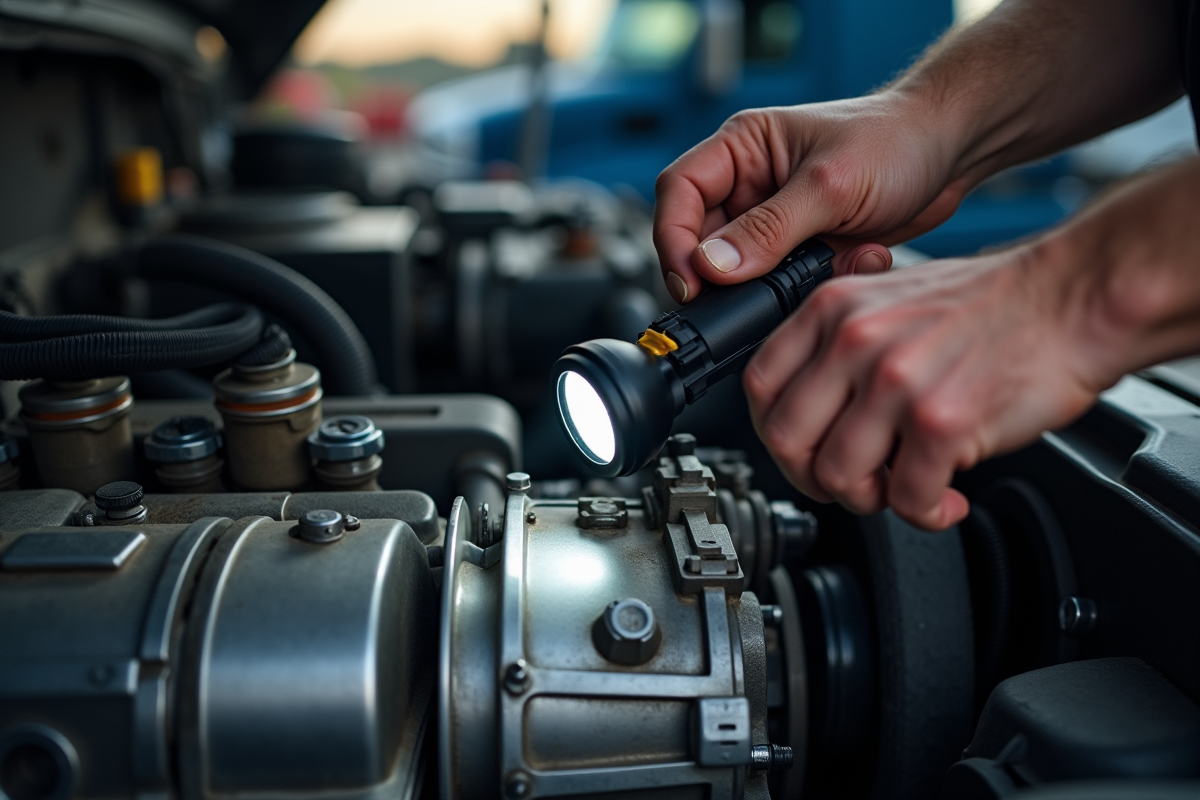 Mecanicien inspecte un moteur de semi-remorque en plein air