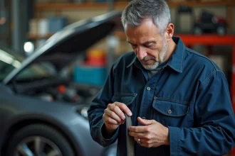Mécanicien homme examine une courroie dans un atelier automobile