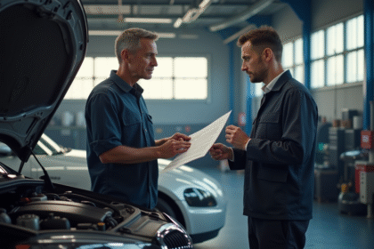 Mécanicien expliquant un rapport d inspection voiture