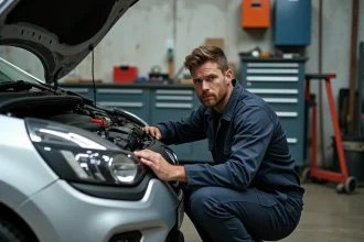 Mécanicien inspectant le moteur 1.5 dCi d'une Renault dans un atelier automobile