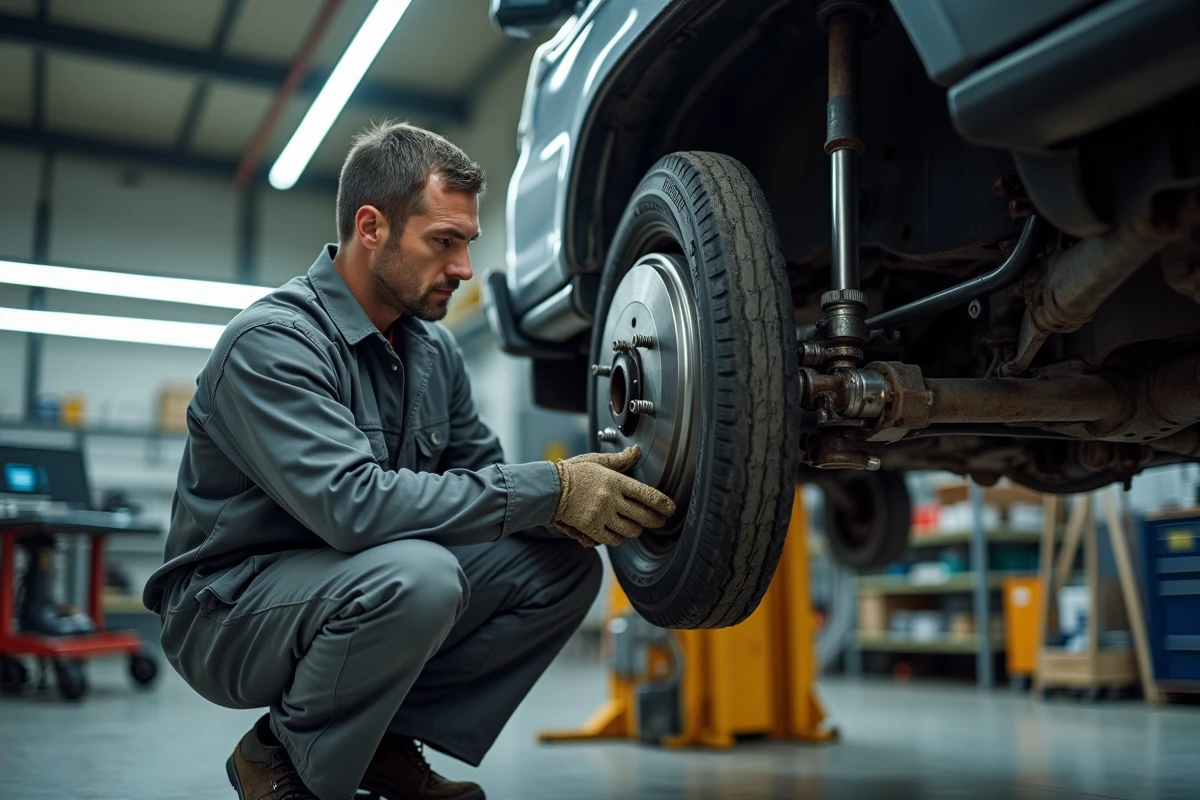 Mécanicien inspectant le pont arrière et la suspension d'un Toyota Land Cruiser 100 HDJ sur un pont élévateur dans un garage professionnel