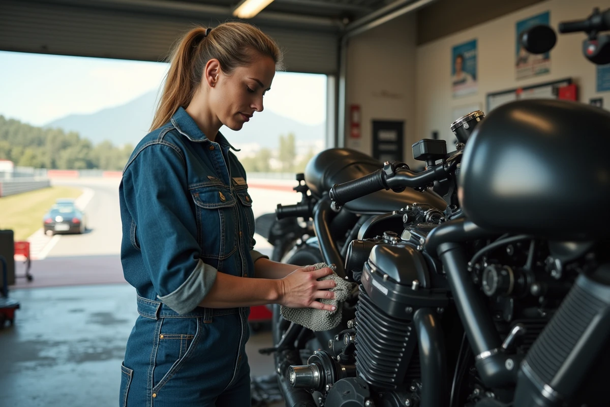 Femme mécanicienne en atelier avec moto de course