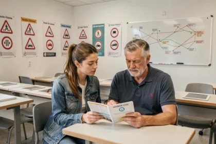 Salle de cours d'une auto-école en Haute-Vienne avec un moniteur et une élève étudiant le code de la route