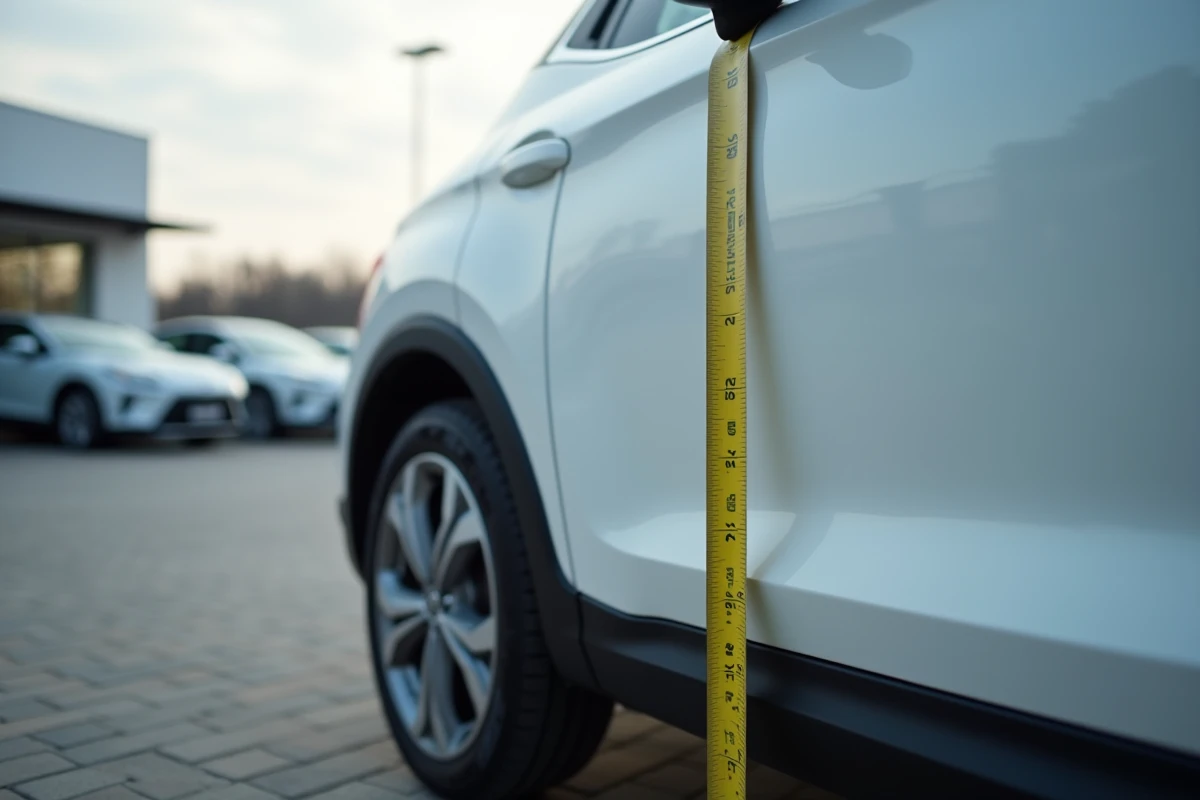 Mesure de l'empattement d'un SUV avec un mètre ruban dans un parking de concession automobile