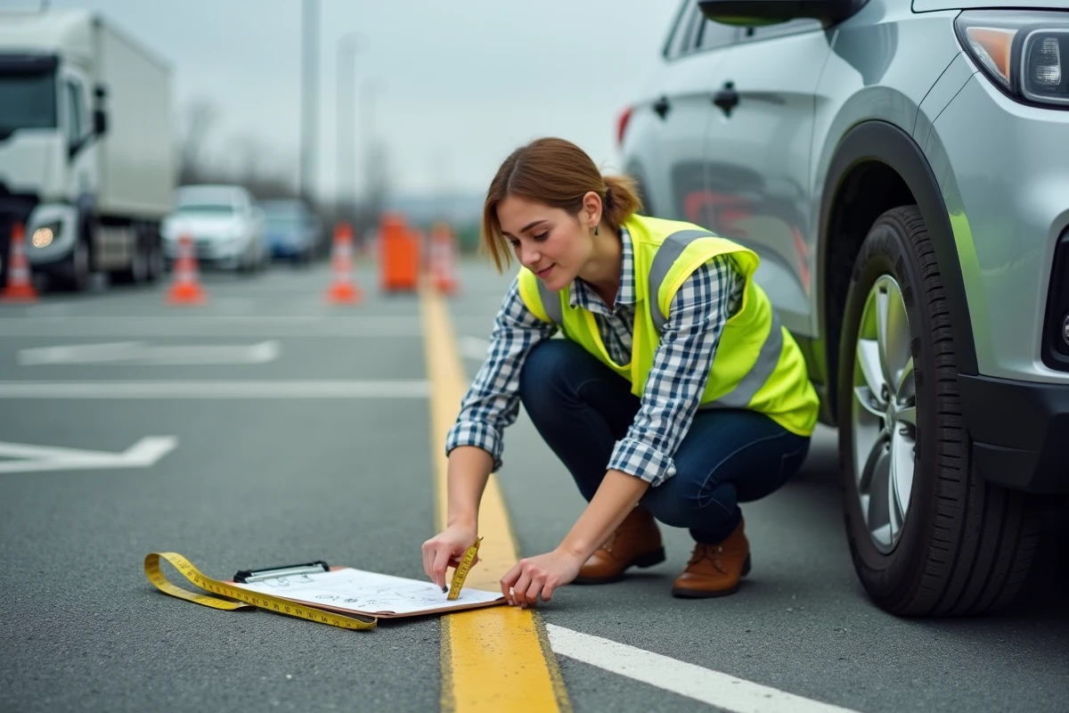 Urbaniste mesurant la largeur d'une place de parking pour évaluer les dimensions adaptées aux SUV et véhicules utilitaires